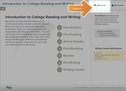 An image shows the Developmental English Unit Home Screen. An arrow labeled Resources points to the Resources button in the upper right corner of the screen.